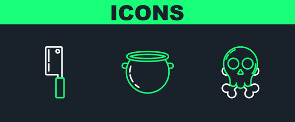 Poster - Set line Skull on crossbones, Meat chopper and Halloween witch cauldron icon. Vector