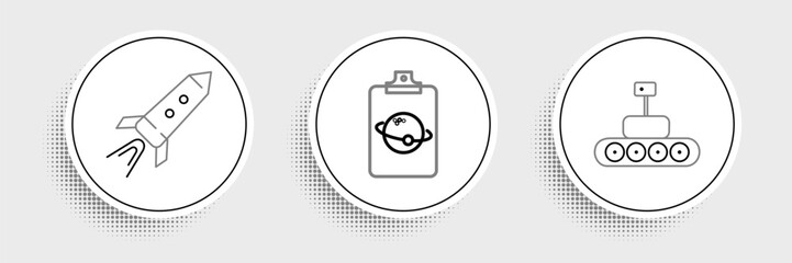 Poster - Set line Mars rover, Rocket ship with fire and Planet icon. Vector