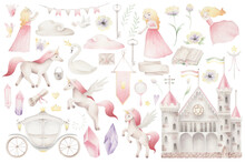 Watercolor Set With Cute Unicorne And Princess. Cartoon Set Illustration For Girls.