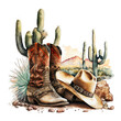 © thanakrit - Vintage cowboy hat with wide brim on a pair of old cowboy boots with flowering cactus and some rocks Clipart PNG Transparent Background, Generative AI