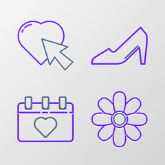 Canvas Print - Set line Flower, Calendar with 8 March, Woman shoe and Heart and cursor click icon. Vector