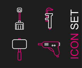 Canvas Print - Set line Electric hot glue gun, Sledgehammer, Calliper or caliper and scale and Snow shovel icon. Vector