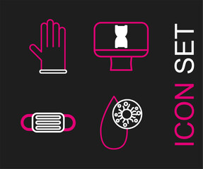 Sticker - Set line Blood test and virus, Medical protective mask, DNA spiral computer and rubber gloves icon. Vector