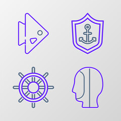 Canvas Print - Set line Diving hood, Ship steering wheel, Anchor inside shield and Fish icon. Vector