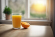 Glass of orange juice with half of an orange fruit on the table, Generative AI