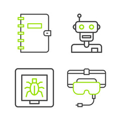 Poster - Set line Virtual reality glasses, Insects in frame, Robot and Spiral notebook icon. Vector