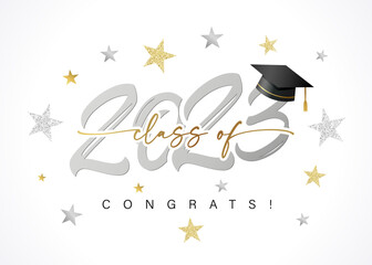 2023 class of Congrats, silver logo text design and stars. Congratulations graduate 2023 years with a square academic cap and numbers. Vector illustration