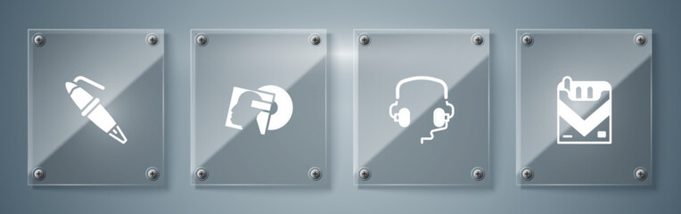 Wall Mural - Set Cigarettes pack box, Headphones, Vinyl disk and Fountain pen nib. Square glass panels. Vector