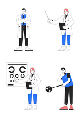 Poster - Different medical specialists flat line color vector characters set. Editable simple outline full body people on white. Hospital cartoon spot illustration pack for web graphic design and animation