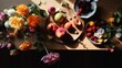 A detailed image of a simple flatlay of fresh flowers and fruits on a rustic wooden table during midday