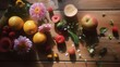A detailed image of a simple flatlay of fresh flowers and fruits on a rustic wooden table during midday