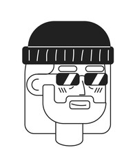Poster - Aging hipster with sunglasses monochromatic flat vector character head. Grandpa. Editable black white cartoon face emotion. Hand drawn lineart ink spot illustration for web graphic design, animation