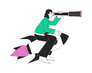 Poster - Startup launch flat line concept vector spot illustration. Entrepreneur on rocket 2D cartoon outline character on white for web UI design. Editable hero image for website landing, mobile header