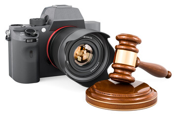 Digital camera with wooden gavel. 3D rendering