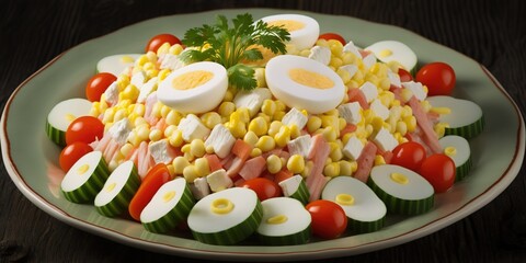 Wall Mural - Crab stick salad with eggs, corn, and cucumber. Generative AI
