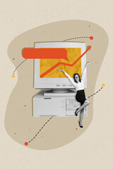 Poster - Creative abstract template graphics collage image of funny happy lady working obsolete computer isolated beige color background