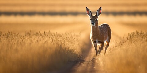 Wall Mural - A buck roe deer strolls across a June morning grain field. Generative AI