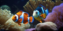 Real Dory And Nemo Swimming In Marine Aquarium Tank Generative AI