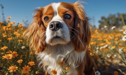 Cavalier King Charles Spaniel, captured in its element, exploring field of wildflowers under clear blue sky. image showcases the dog's charming expression, silky fur, playful nature. Generative AI