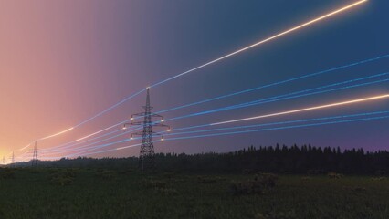 Wall Mural - sunset view of high voltage electric line pylons with visualized digital power flows. fast-paced 3d 