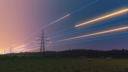 Wall Mural - high voltage electric line pylons with vfx infographic power flows. animation with digital visualiza