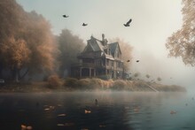 A Painting Of A House In The Middle Of A Body Of Water With Trees In The Background And Fog In The Air Above It, With A Bird Flying In The Air. Generative Ai