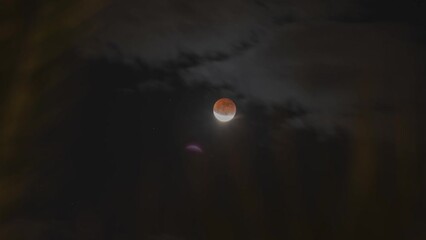Wall Mural - orange glowing moon eclipse, time-lapse on dark night sky with bright stars