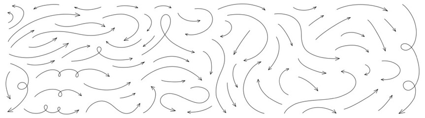 Wall Mural - hand drawn thin line arrows set. many vector curvy and wavy arrows isolated on white background.