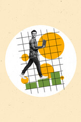 Poster - Young man photo collage picture of freelance trader emoney earn analysis market hold netbook graphic growth isolated on plaid background