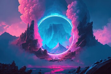 Fototapete - Raster illustration of neon blue portal in the mountains pink clouds Generative AI