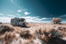 Living In Remote Destinations. An Abandoned Motor Home Or Camping Truck, In The Middle Of Dry Land Or Desert. Beautiful Blue Sky Above. Generative AI