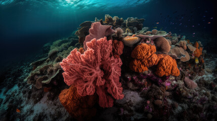 Fond marin, récif de corail multicolore dans mer tropicale