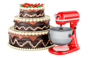 Poster - chocolate cake with stand mixer, 3d rendering