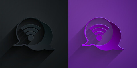 Poster - Paper cut Wi-Fi wireless internet network symbol icon isolated on black on purple background. Paper art style. Vector