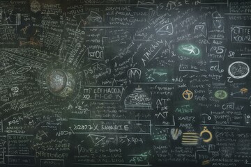 School chalk board is painted with different formulas and signs from the school curriculum. A green blackboard is drawn in chalk as a background. The concept of knowledge and learning.. Generative AI