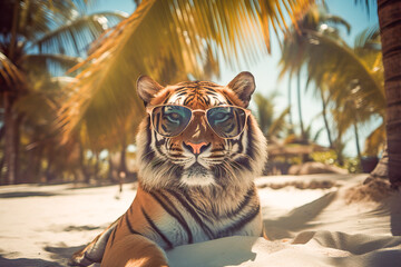 Tiger in golden sunglasses lying on a paradise beach with palm trees. Concept of traveling vacations to dream places. Generative AI