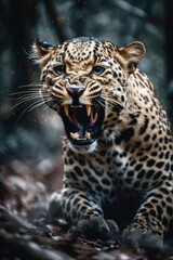 Wall Mural - Wild Leopard panthera roaring aggressively. Jungle forest running generative ai