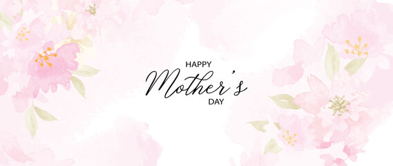 Happy mother's day background vector. Watercolor floral wallpaper design with leaves, pink flower frames. Mother's day concept illustration design for cover, banner, greeting card, decoration.