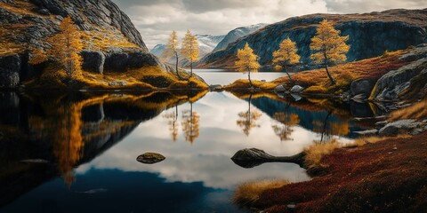 Wall Mural - Beautiful fall scenery at a national park in Norway. Generative AI