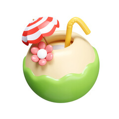 Poster - 3d coconut water for summer time. summer vacation and holidays concept. icon isolated on white background. 3d rendering illustration. Clipping path.