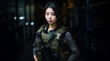 Asian female soldier stands tall in her armored suit, holding a formidable long gun in her hands. generative AI