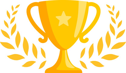 gold trophy cup. vector flat trophy icon with stars and laurel wreath