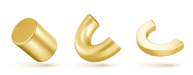 Poster - Isolated abstract geometric gold 3d shape vector object. Realistic golden cylinder and half torus element on white background. Creative trendy geometry figure icon. Minimal basic pipe set