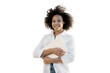 © muse studio - Portrait of a curly-haired woman in a white shirt student, intern, transparent background, isolated.