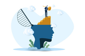 business people development or personal growth, self improvement to develop mindset, knowledge or skill to achieve success,  businessman build growing stair from his head.