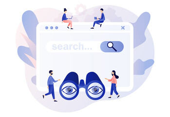 Wall Mural - Search web page. Tiny people browsing online information, surfing internet with binocular. SEO concept. Modern flat cartoon style. Vector illustration on white background