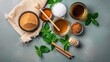 Variety of sweeteners - Stevia, sugar, pollen and honey, ai generative	