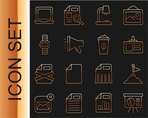 Poster - set line board with graph, mountains flag on top, identification badge, table lamp, megaphone, wrist