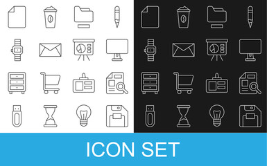 Poster - set line floppy disk, document with graph chart, computer monitor, folder, mail and e-mail, wrist wa