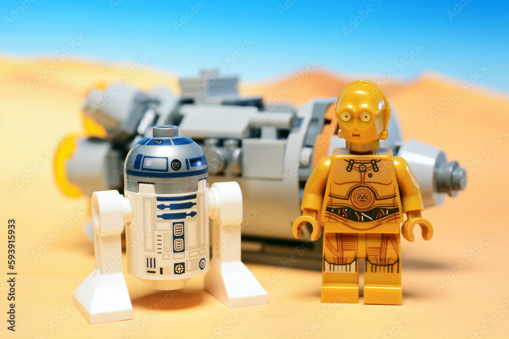 Lego Star Wars figures R2-D2 and C-3PO after landing with their Lego Star Wars figures R2-D2 and C-3PO after landing with their